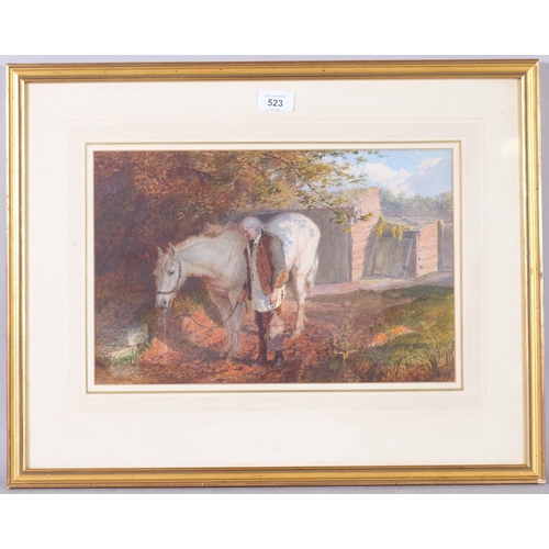 523 - The watering place, 19th century watercolour/body colour, signed with monogram JFW, 24.5cm x 37.5cm,... 