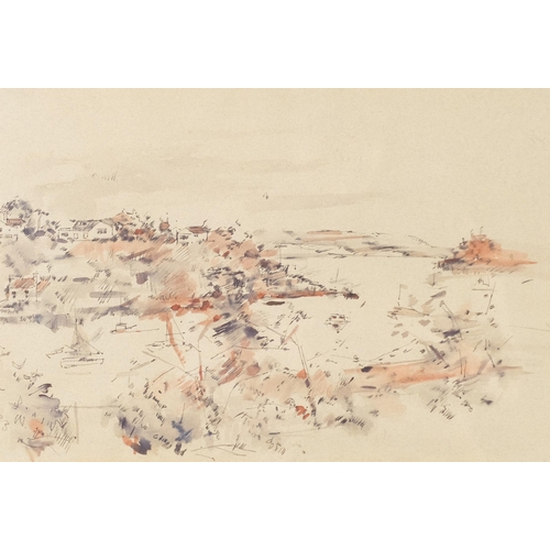 525 - A 20th Century coastal landscape, ink/watercolour, unsigned, 28cm x 41cm, framed