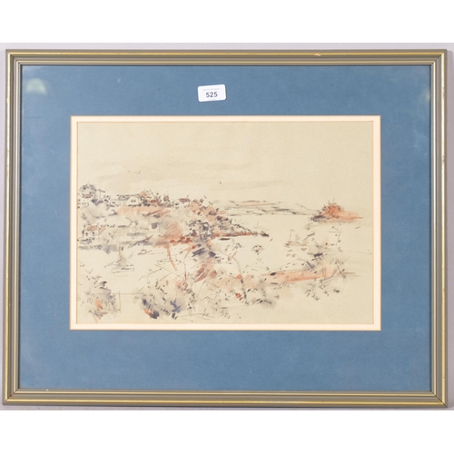 525 - A 20th Century coastal landscape, ink/watercolour, unsigned, 28cm x 41cm, framed