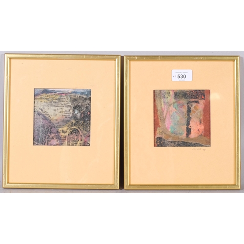 530 - Causse (French), pair of abstract compositions, mixed media paint/collage, image 10cm x 10cm, framed... 