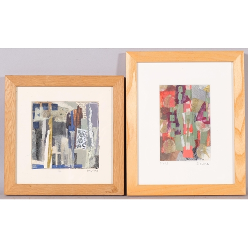 530 - Causse (French), pair of abstract compositions, mixed media paint/collage, image 10cm x 10cm, framed... 