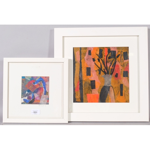 531 - Sue Petzaff, 2 abstract compositions, mixed media paint/collage, largest 24cm x 24cm, framed (2)