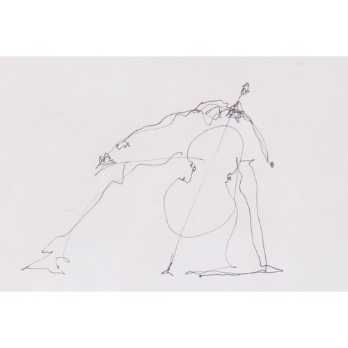 532 - Study of a cellist, pen and ink drawing, signed Philomena, dated '74, 19cm x 29cm, framed