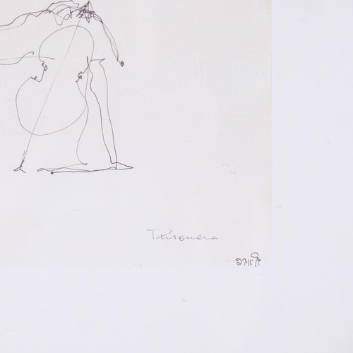 532 - Study of a cellist, pen and ink drawing, signed Philomena, dated '74, 19cm x 29cm, framed