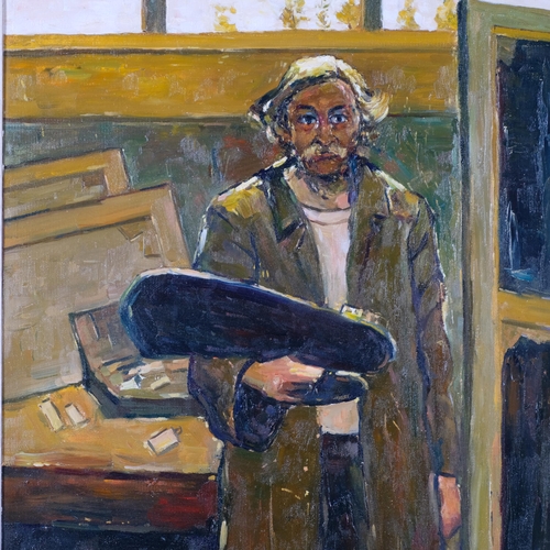 542 - Contemporary portrait of an artist, oil on board, 61cm x 50cm, framed