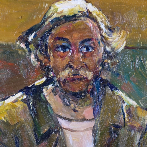 542 - Contemporary portrait of an artist, oil on board, 61cm x 50cm, framed