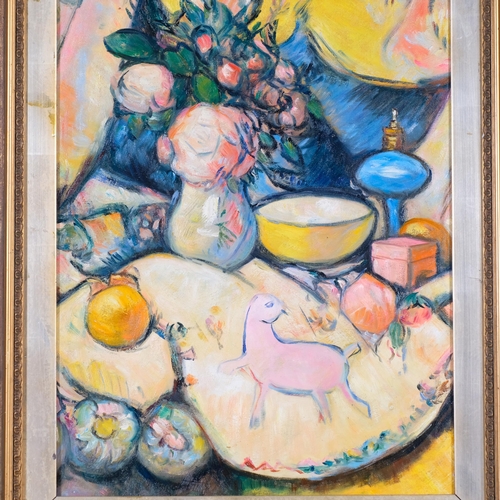 544 - Contemporary colourist style still life, oil on board, unsigned, 55cm x 40cm, framed