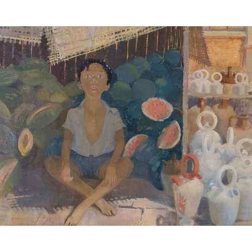 546 - Dawson Rose (born 1890), watermelon seller Jamaica, oil on board, inscribed verso, 50cm x 63cm, fram... 