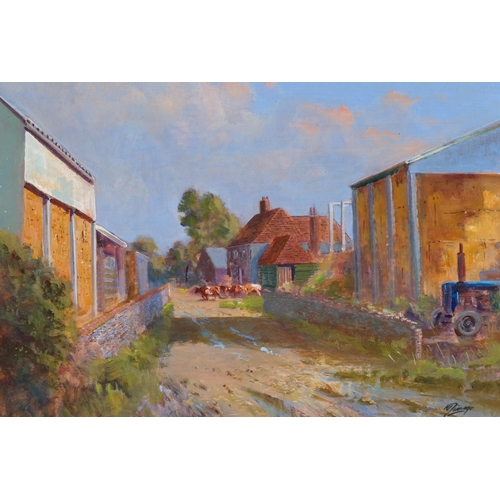 549 - Norman Dinnage, farmyard scene, oil on board, 32cm x 46cm, framed