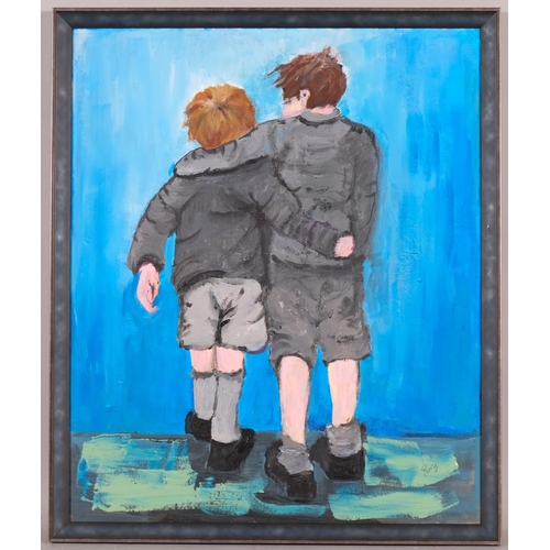 553 - Contemporary portrait of 2 boys, oil on board, signed Rory, 60cm x 50cm, framed