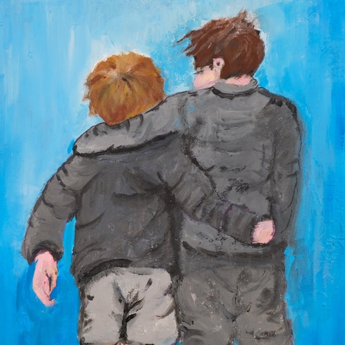 553 - Contemporary portrait of 2 boys, oil on board, signed Rory, 60cm x 50cm, framed