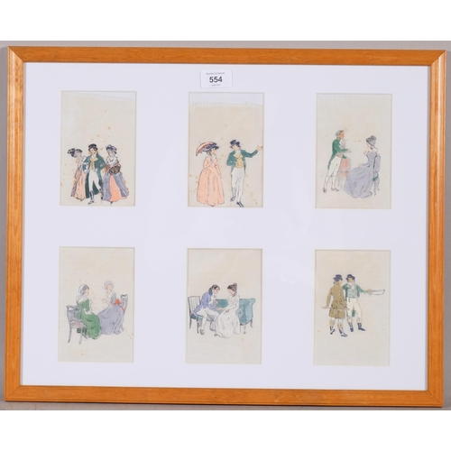 554 - A group of 6 x 19th century paintings on silk, 14cm x 9cm each, mounted in common frame