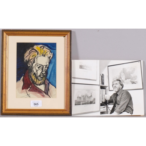 565 - John Holdcroft, self portrait, ink/watercolour, 19cm x 13cm, framed, together with a photograph of t... 