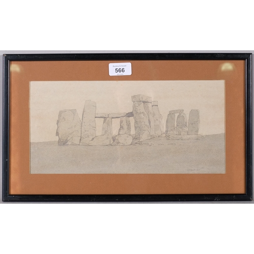 566 - John Holdcroft, Stonehenge, pencil/watercolour, 15cm x 33cm, framed