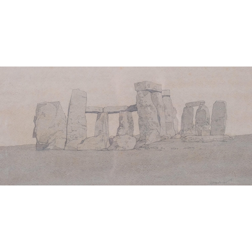 566 - John Holdcroft, Stonehenge, pencil/watercolour, 15cm x 33cm, framed