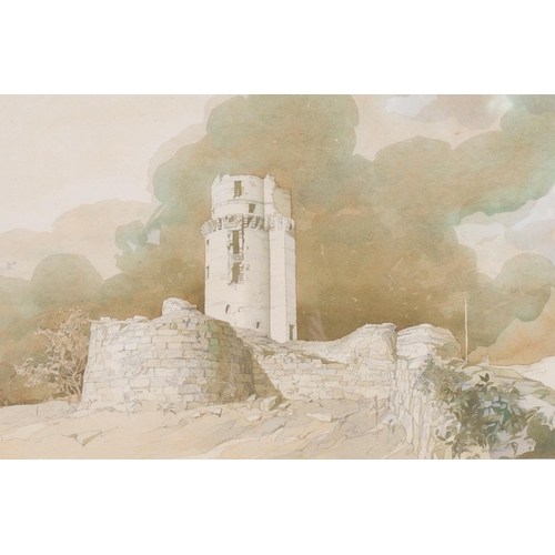 567 - John Holdcroft, castle ruins, 1982, sepia watercolour, 35cm x 52cm, framed