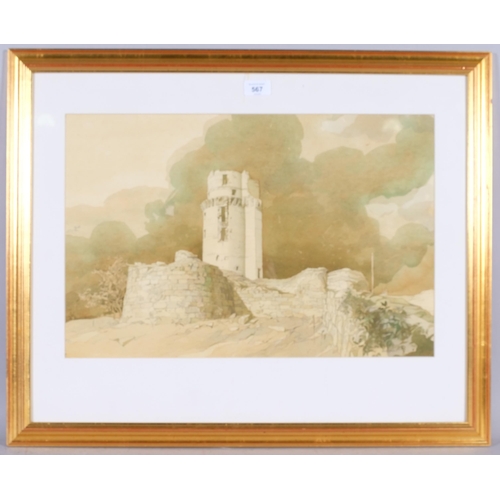 567 - John Holdcroft, castle ruins, 1982, sepia watercolour, 35cm x 52cm, framed