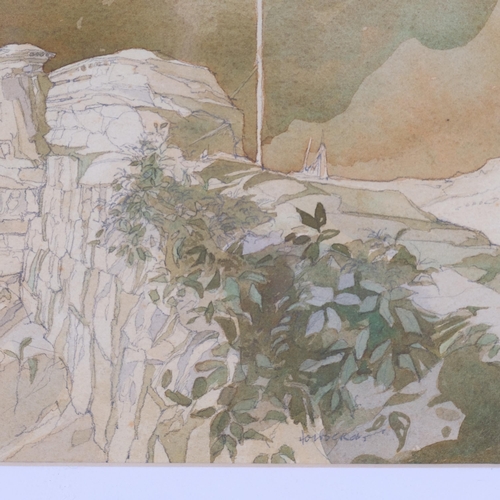 567 - John Holdcroft, castle ruins, 1982, sepia watercolour, 35cm x 52cm, framed