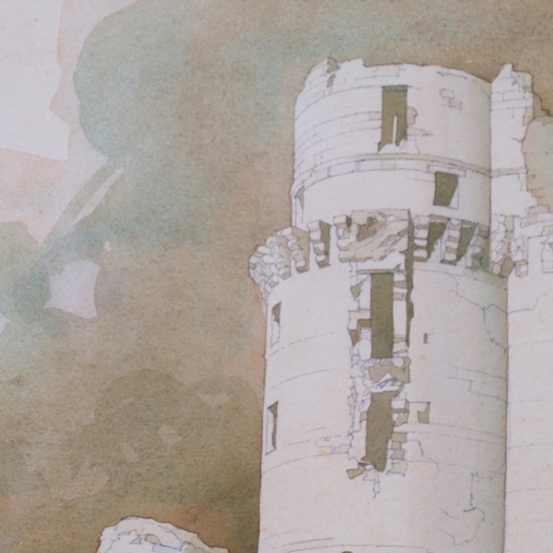 567 - John Holdcroft, castle ruins, 1982, sepia watercolour, 35cm x 52cm, framed