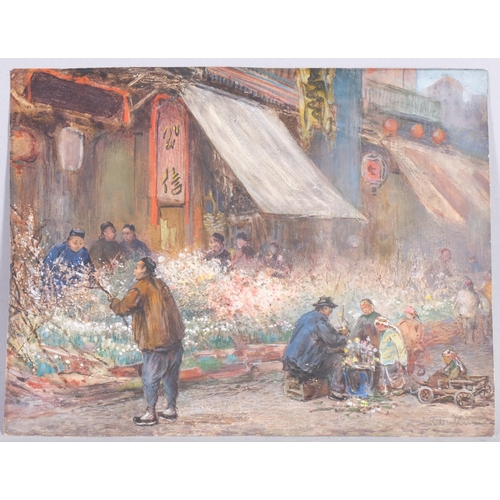 570 - Chinese flower market, early to mid-20th century gouache, indistinctly signed, 24cm x 32cm, unframed