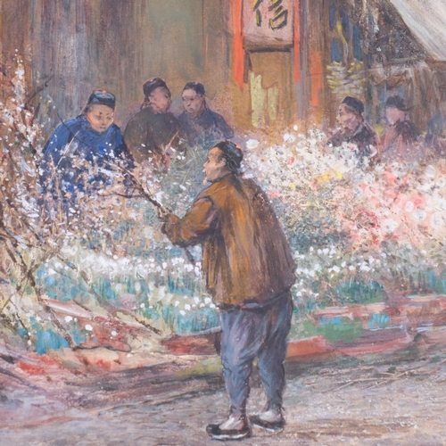 570 - Chinese flower market, early to mid-20th century gouache, indistinctly signed, 24cm x 32cm, unframed