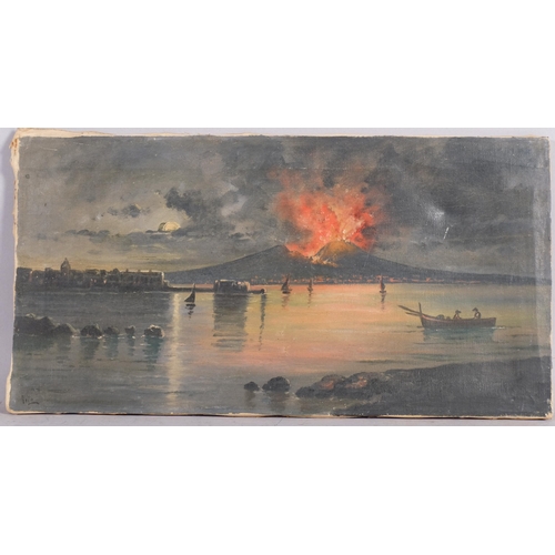 574 - Volcano erupting in the Bay of Naples, early 20th century oil on canvas, signed Vito, 26cm x 50cm, u... 