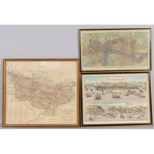 579 - Cruchley's Road and Railway Map of County of Kent, circa 1870, 47cm x 54cm, framed, another early ma... 