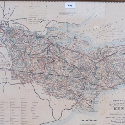 579 - Cruchley's Road and Railway Map of County of Kent, circa 1870, 47cm x 54cm, framed, another early ma... 