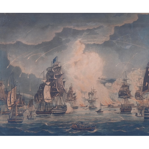 580 - The Bombardment Of Algiers After Whitcombe, pair of colour engravings, image 32cm x 50cm, framed