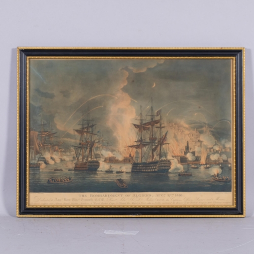 580 - The Bombardment Of Algiers After Whitcombe, pair of colour engravings, image 32cm x 50cm, framed