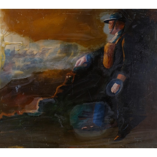 581 - Fire Marshal in the Blitz, mid-20th century oil on board, unsigned, 65cm x 96cm, unframed (A/F)