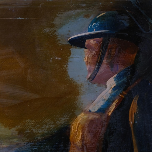 581 - Fire Marshal in the Blitz, mid-20th century oil on board, unsigned, 65cm x 96cm, unframed (A/F)