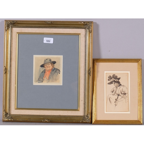 582 - George Stampa, woman in a hat, watercolour, 11cm x 10cm, and Walter Boodle, pen and ink sketch, 15cm... 