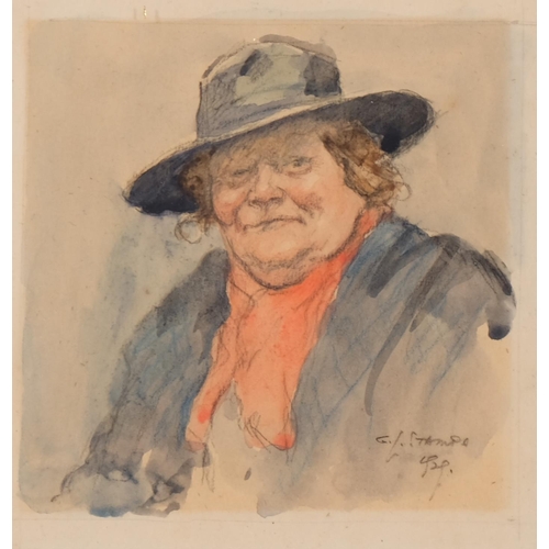 582 - George Stampa, woman in a hat, watercolour, 11cm x 10cm, and Walter Boodle, pen and ink sketch, 15cm... 