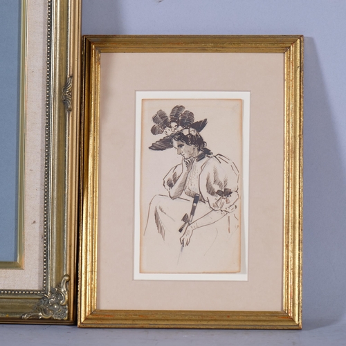 582 - George Stampa, woman in a hat, watercolour, 11cm x 10cm, and Walter Boodle, pen and ink sketch, 15cm... 