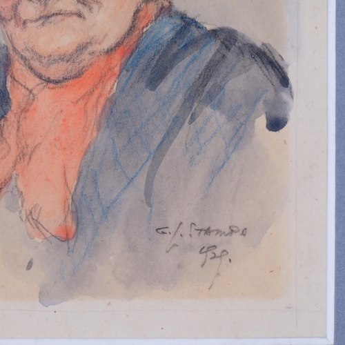 582 - George Stampa, woman in a hat, watercolour, 11cm x 10cm, and Walter Boodle, pen and ink sketch, 15cm... 