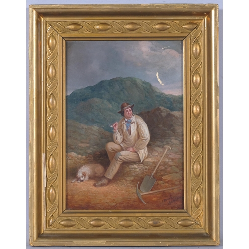 585 - Thomas Burras, man with a dog, 1869, oil on board, 30cm x 20cm, framed