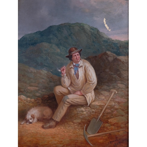 585 - Thomas Burras, man with a dog, 1869, oil on board, 30cm x 20cm, framed