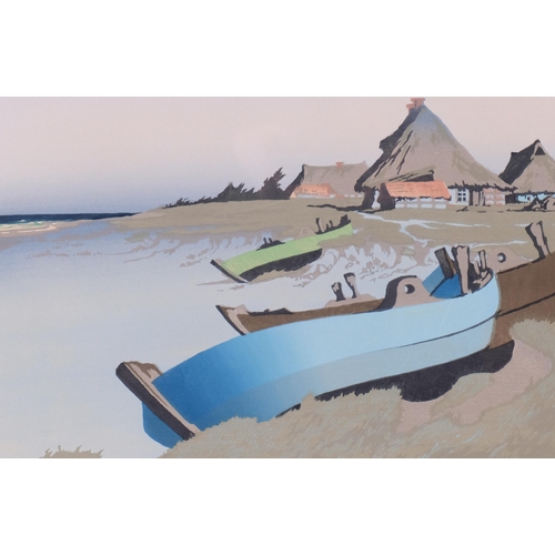 587 - Oscar Droege, Beached Boats, colour woodcut, signed in pencil, plate 24cm x 36cm, framed