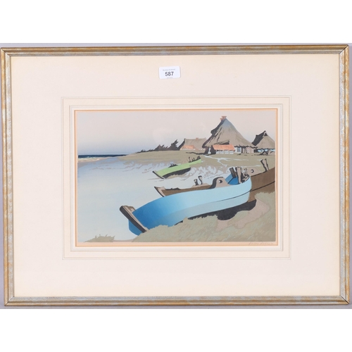 587 - Oscar Droege, Beached Boats, colour woodcut, signed in pencil, plate 24cm x 36cm, framed