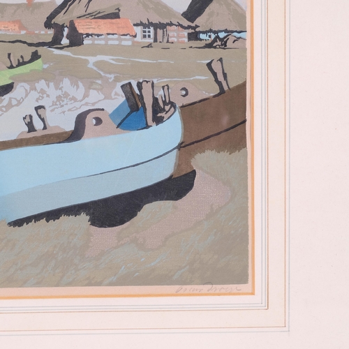 587 - Oscar Droege, Beached Boats, colour woodcut, signed in pencil, plate 24cm x 36cm, framed