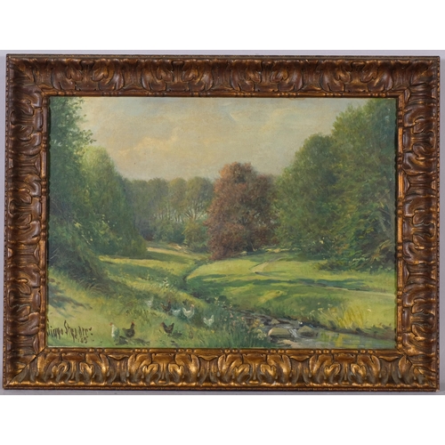 589 - Farm landscape, early 20th century oil on canvas, indistinctly signed, 40cm x 56cm, framed