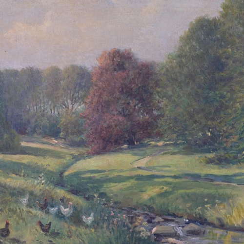 589 - Farm landscape, early 20th century oil on canvas, indistinctly signed, 40cm x 56cm, framed