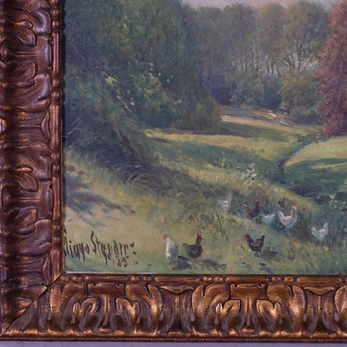 589 - Farm landscape, early 20th century oil on canvas, indistinctly signed, 40cm x 56cm, framed