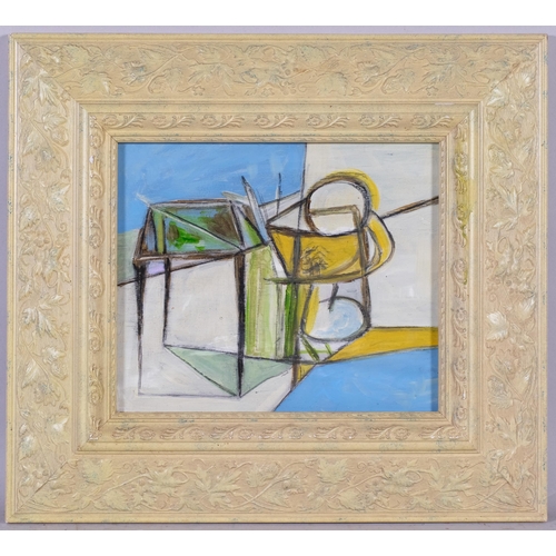 595 - Contemporary abstract composition, oil on board, unsigned, 24cm x 30cm, framed