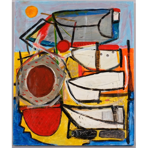 598 - Stacking Boats Mousehole, contemporary oil on board, unsigned, 61cm x 50cm, unframed