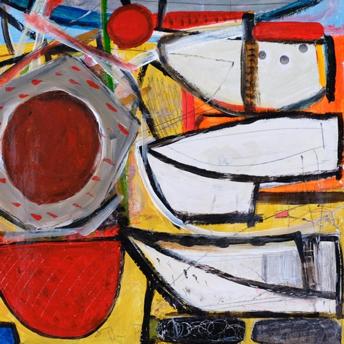 598 - Stacking Boats Mousehole, contemporary oil on board, unsigned, 61cm x 50cm, unframed