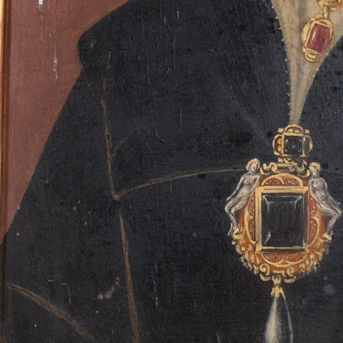 301 - Portrait of Queen Mary I, 17th/18th century oil on oak panel, the subject wearing a jewelled pearl-m... 