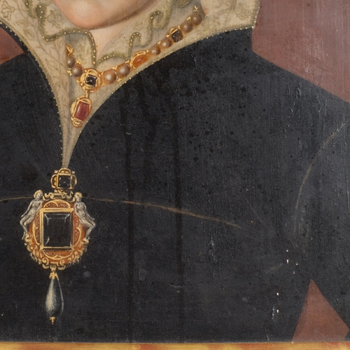 301 - Portrait of Queen Mary I, 17th/18th century oil on oak panel, the subject wearing a jewelled pearl-m... 