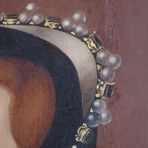 301 - Portrait of Queen Mary I, 17th/18th century oil on oak panel, the subject wearing a jewelled pearl-m... 